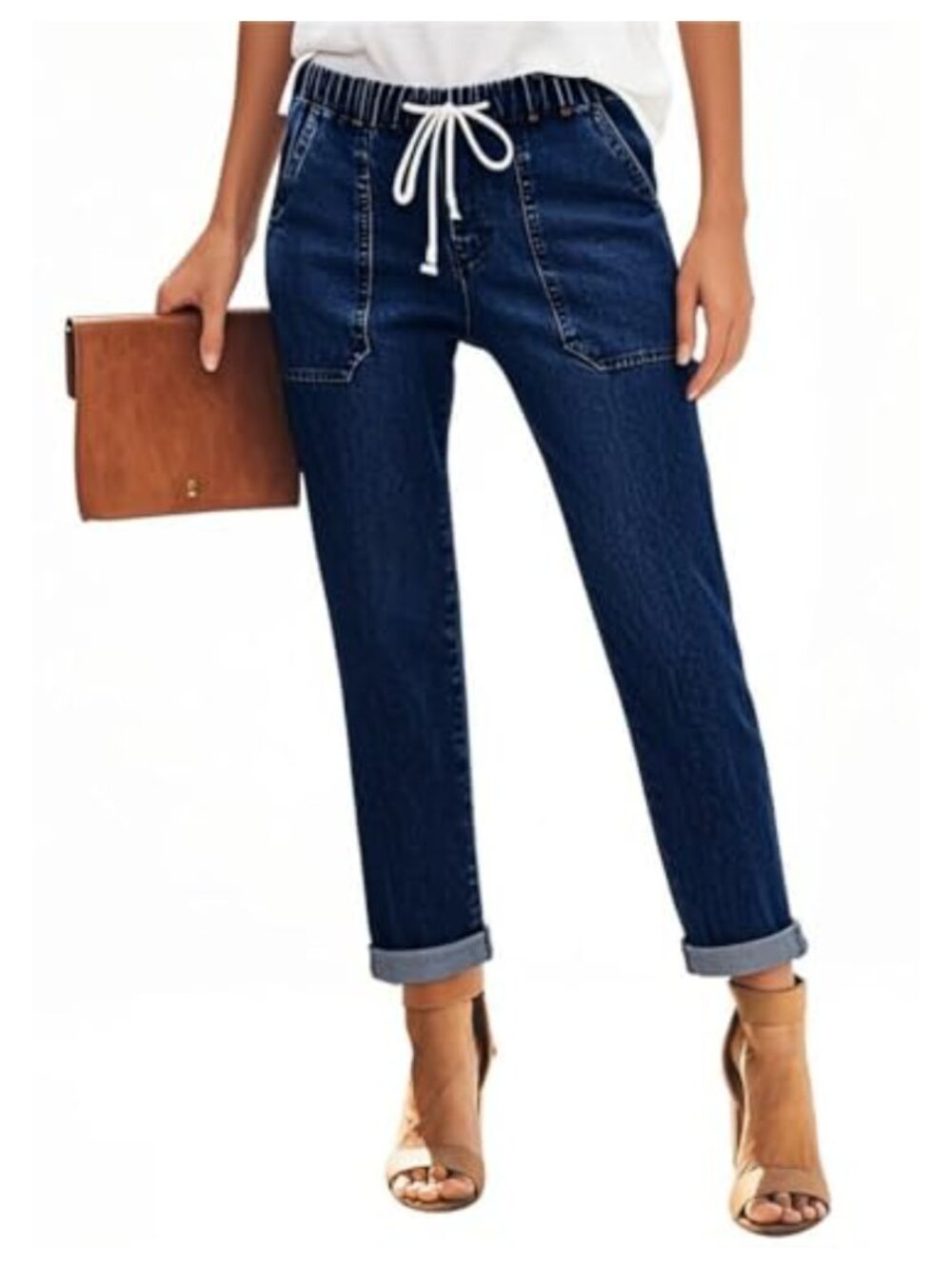 High Waisted Stretch Pull-On Drawstring Jogger Jeans with Pockets